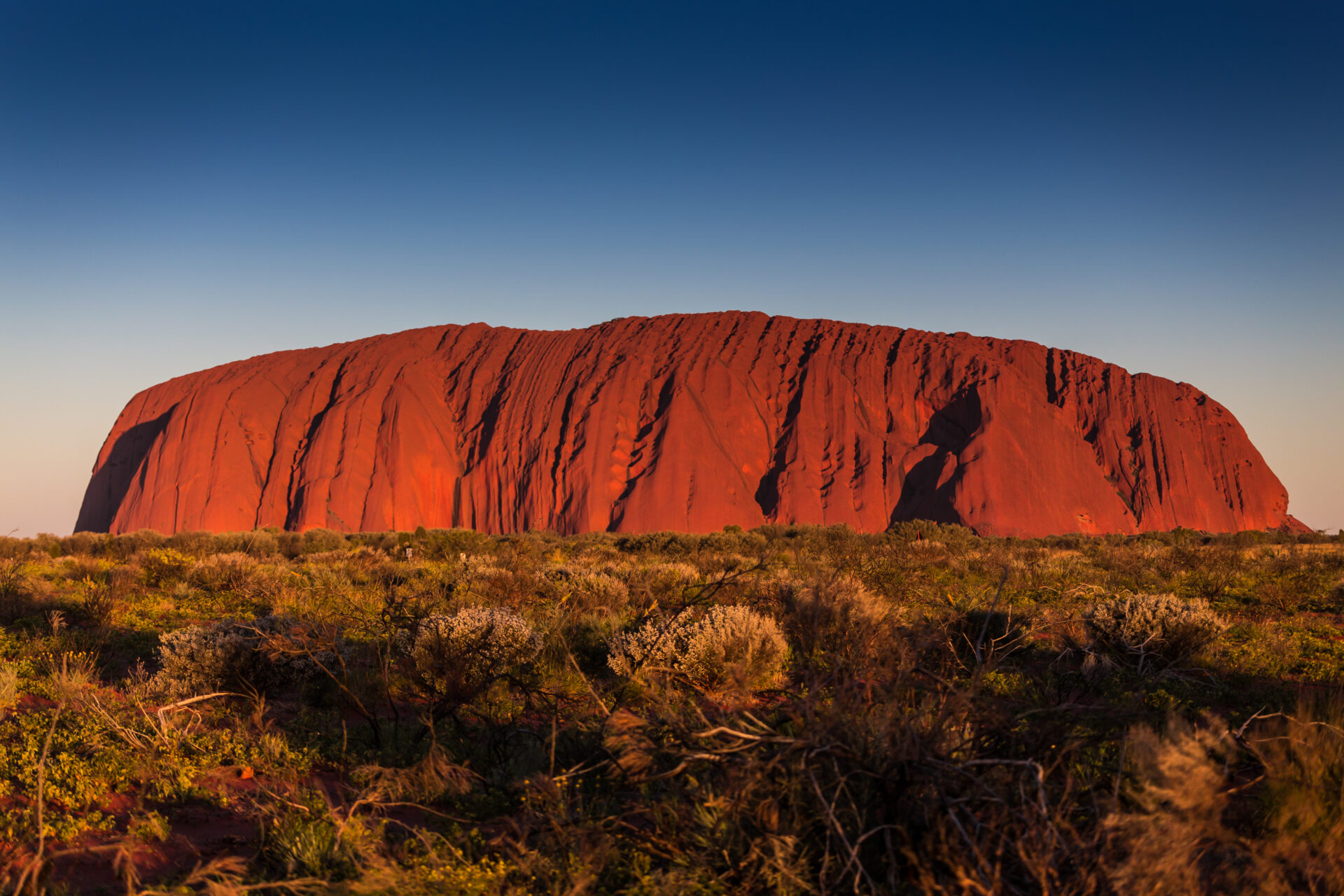 Uluru bei Sonnenuntergang in rotem Glühen im Red Center Australien – heiliger Monolith der Anangu.