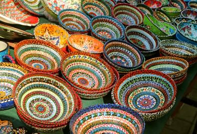 Stacks of Colorful Hand-painted Bowls for Sale at Vernissage Market in Yerevan, Armenia