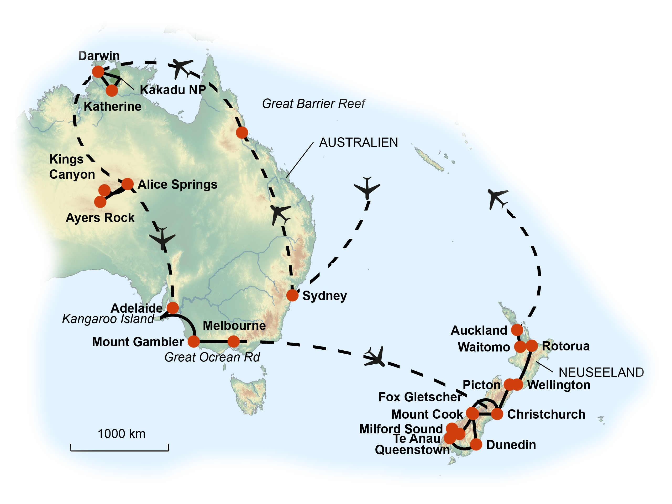 Routenkarte - Australien und Neuseeland 