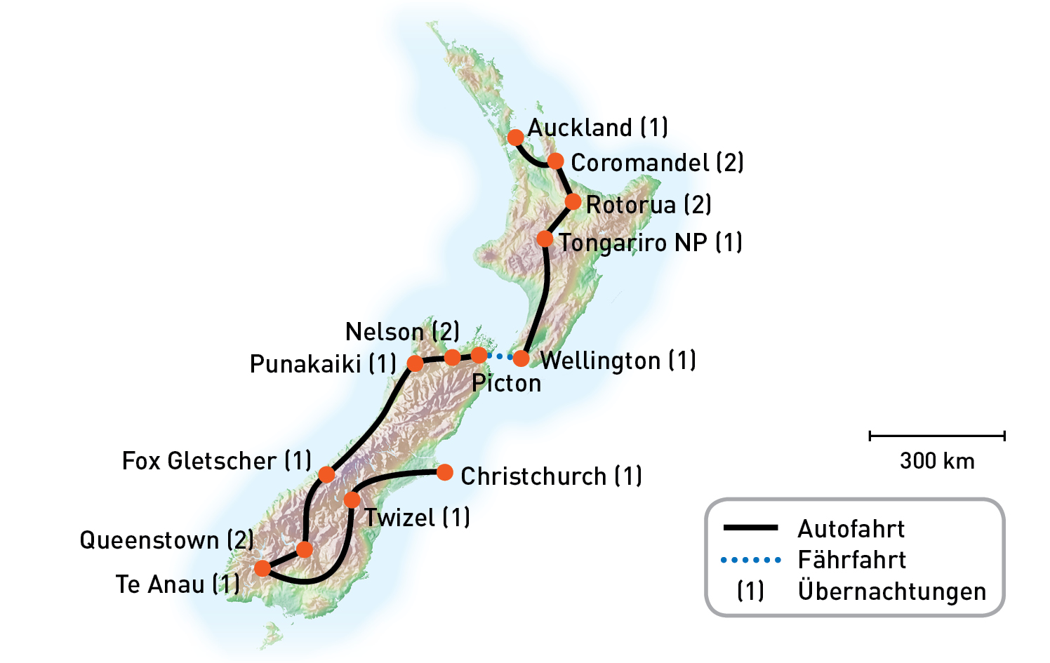 Routenkarte - Neuseeland 
