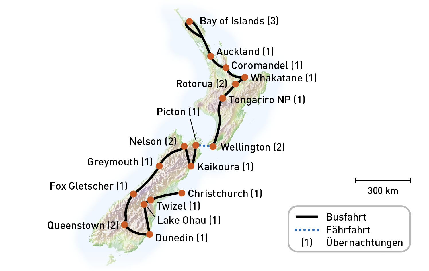 Routenkarte - Neuseeland 