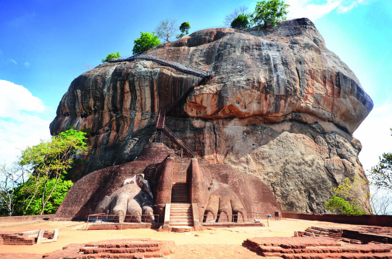View of base of Sigiriya rock fortress in Sri Lanka