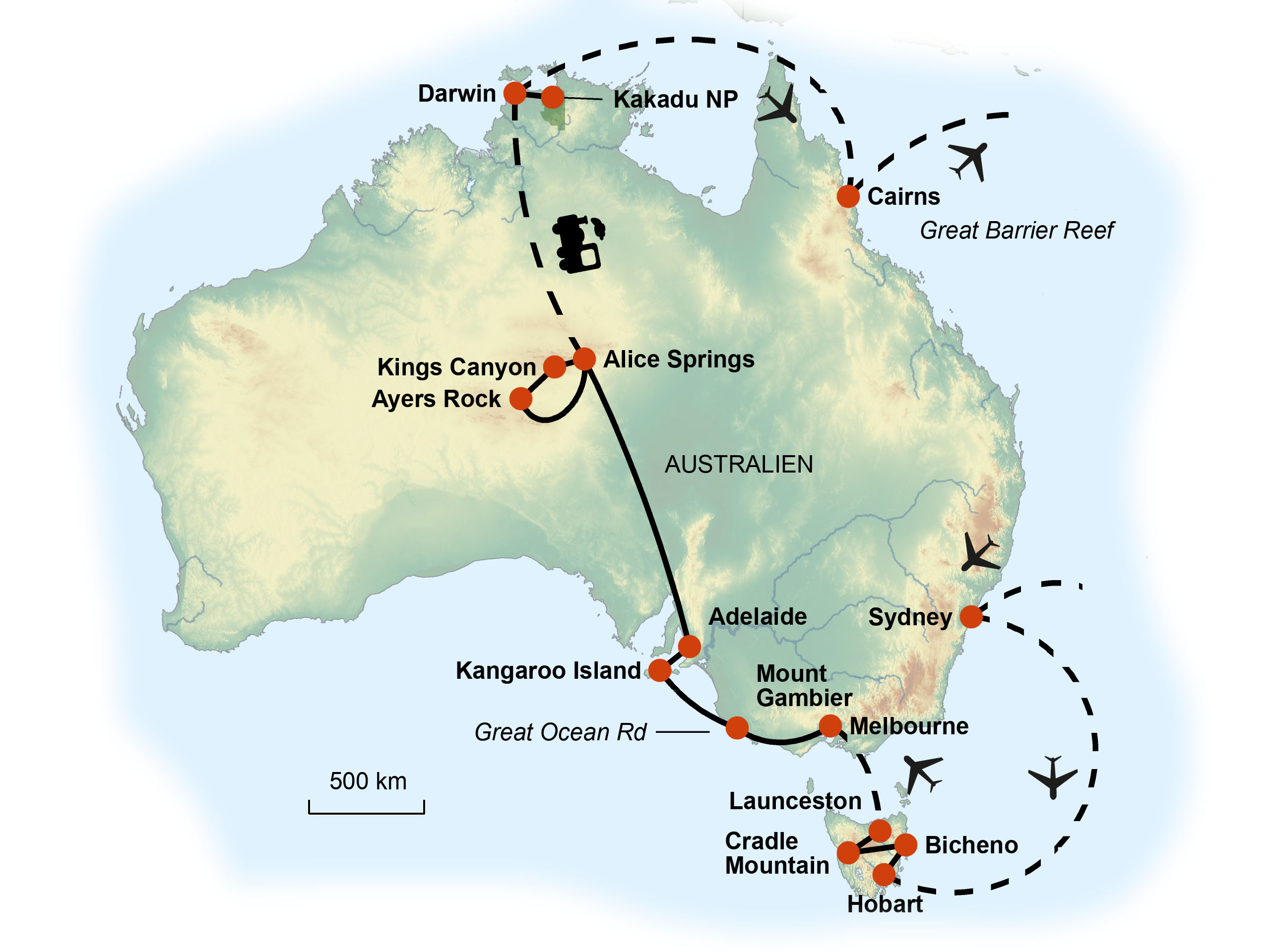 Routenkarte - Von Tasmanien zum Great Barrier Reef